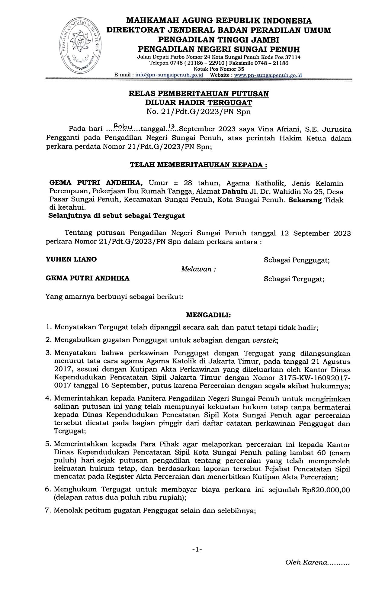 Pemberitahuan Putusan Perkara No. 21/Pdt.G/2023/PN.Spn